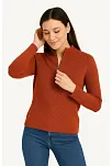 Kadın Yarım Fermuarlı Triko Kazak – Selanik Örgü, Dik Yaka, Pamuklu Dokuma, Oversize Uzun Kollu Kışlık Model - Kiremit