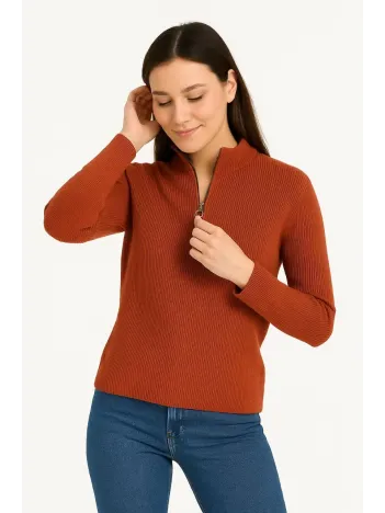 Kadın Yarım Fermuarlı Triko Kazak – Selanik Örgü, Dik Yaka, Pamuklu Dokuma, Oversize Uzun Kollu Kışlık Model - Kiremit Kadın Yarım Fermuarlı Triko Kazak – Selanik Örgü, Dik Yaka, Pamuklu Dokuma, Oversize Uzun Kollu Kışlık Model - Kiremit