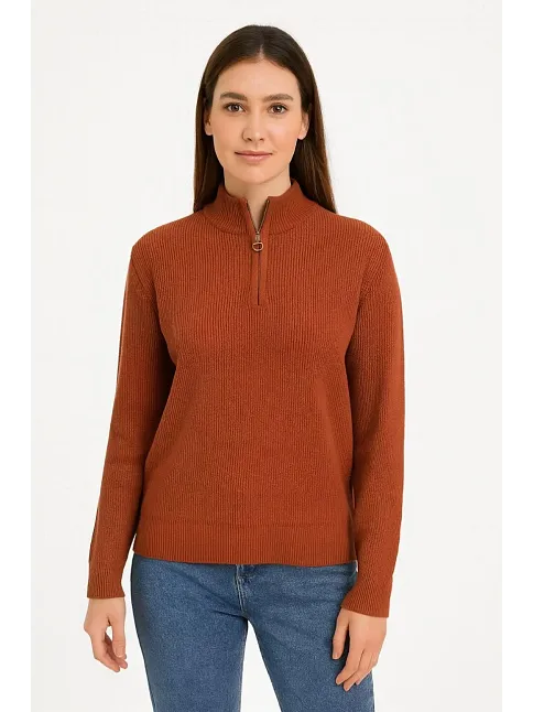 Kadın Yarım Fermuarlı Triko Kazak – Selanik Örgü, Dik Yaka, Pamuklu Dokuma, Oversize Uzun Kollu Kışlık Model - Kiremit