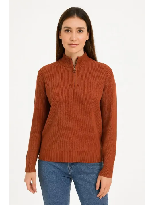 Kadın Yarım Fermuarlı Triko Kazak – Selanik Örgü, Dik Yaka, Pamuklu Dokuma, Oversize Uzun Kollu Kışlık Model - Kiremit