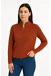Kadın Yarım Fermuarlı Triko Kazak – Selanik Örgü, Dik Yaka, Pamuklu Dokuma, Oversize Uzun Kollu Kışlık Model - Kiremit