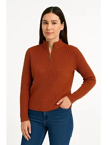 Kadın Yarım Fermuarlı Triko Kazak – Selanik Örgü, Dik Yaka, Pamuklu Dokuma, Oversize Uzun Kollu Kışlık Model - Kiremit
