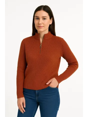 Kadın Yarım Fermuarlı Triko Kazak – Selanik Örgü, Dik Yaka, Pamuklu Dokuma, Oversize Uzun Kollu Kışlık Model - Kiremit