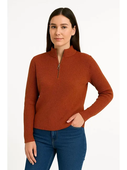 Kadın Yarım Fermuarlı Triko Kazak – Selanik Örgü, Dik Yaka, Pamuklu Dokuma, Oversize Uzun Kollu Kışlık Model - Kiremit
