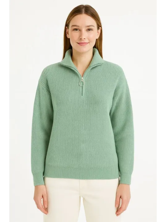 Kadın Yarım Fermuarlı Triko Kazak – Selanik Örgü, Dik Yaka, Pamuklu Dokuma, Oversize Uzun Kollu Kışlık Model - Mint Yeşili Kadın Yarım Fermuarlı Triko Kazak – Selanik Örgü, Dik Yaka, Pamuklu Dokuma, Oversize Uzun Kollu Kışlık Model - Mint Yeşili