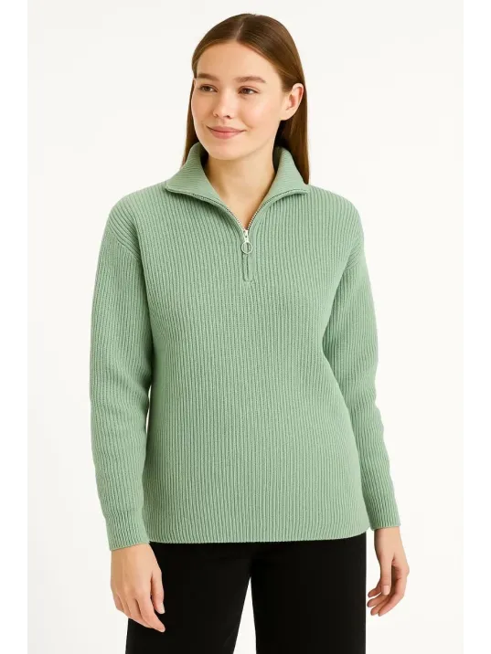 Kadın Yarım Fermuarlı Triko Kazak – Selanik Örgü, Dik Yaka, Pamuklu Dokuma, Oversize Uzun Kollu Kışlık Model - Mint Yeşili Kadın Yarım Fermuarlı Triko Kazak – Selanik Örgü, Dik Yaka, Pamuklu Dokuma, Oversize Uzun Kollu Kışlık Model - Mint Yeşili