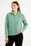 Kadın Yarım Fermuarlı Triko Kazak – Selanik Örgü, Dik Yaka, Pamuklu Dokuma, Oversize Uzun Kollu Kışlık Model - Mint Yeşili