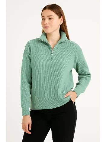 KADIN Yarım Fermuarlı Triko Kazak – Selanik Örgü, Dik Yaka, Pamuklu Dokuma, Oversize Uzun Kollu Kışlık Model - Mint Yeşili KADIN Yarım Fermuarlı Triko Kazak – Selanik Örgü, Dik Yaka, Pamuklu Dokuma, Oversize Uzun Kollu Kışlık Model - Mint Yeşili