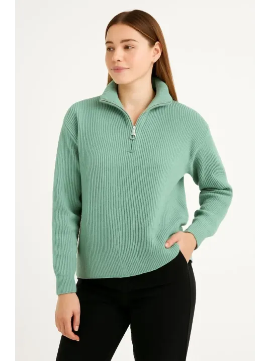 KADIN Yarım Fermuarlı Triko Kazak – Selanik Örgü, Dik Yaka, Pamuklu Dokuma, Oversize Uzun Kollu Kışlık Model - Mint Yeşili KADIN Yarım Fermuarlı Triko Kazak – Selanik Örgü, Dik Yaka, Pamuklu Dokuma, Oversize Uzun Kollu Kışlık Model - Mint Yeşili