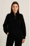 Kadın Yarım Fermuarlı Triko Kazak – Selanik Örgü, Dik Yaka, Pamuklu Dokuma, Oversize Uzun Kollu Kışlık Model - Siyah