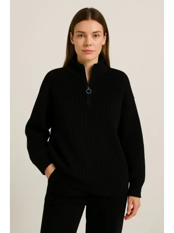 KADIN Yarım Fermuarlı Triko Kazak – Selanik Örgü, Dik Yaka, Pamuklu Dokuma, Oversize Uzun Kollu Kışlık Model - Siyah KADIN Yarım Fermuarlı Triko Kazak – Selanik Örgü, Dik Yaka, Pamuklu Dokuma, Oversize Uzun Kollu Kışlık Model - Siyah