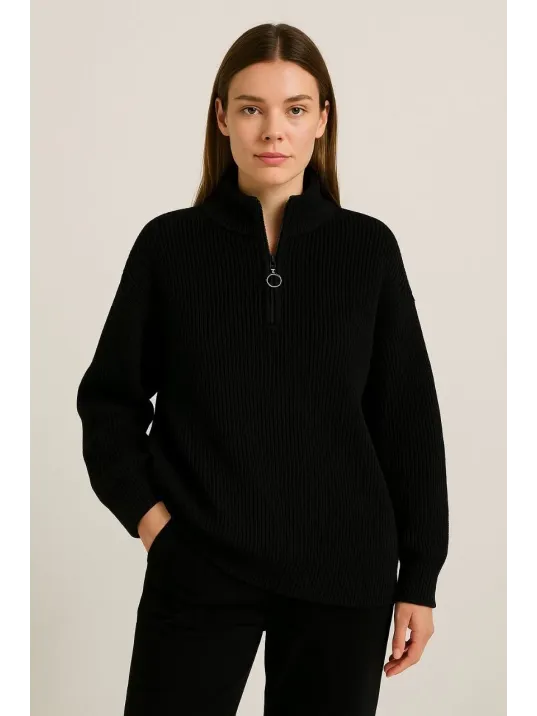 KADIN Yarım Fermuarlı Triko Kazak – Selanik Örgü, Dik Yaka, Pamuklu Dokuma, Oversize Uzun Kollu Kışlık Model - Siyah KADIN Yarım Fermuarlı Triko Kazak – Selanik Örgü, Dik Yaka, Pamuklu Dokuma, Oversize Uzun Kollu Kışlık Model - Siyah