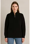 Kadın Yarım Fermuarlı Triko Kazak – Selanik Örgü, Dik Yaka, Pamuklu Dokuma, Oversize Uzun Kollu Kışlık Model - Siyah