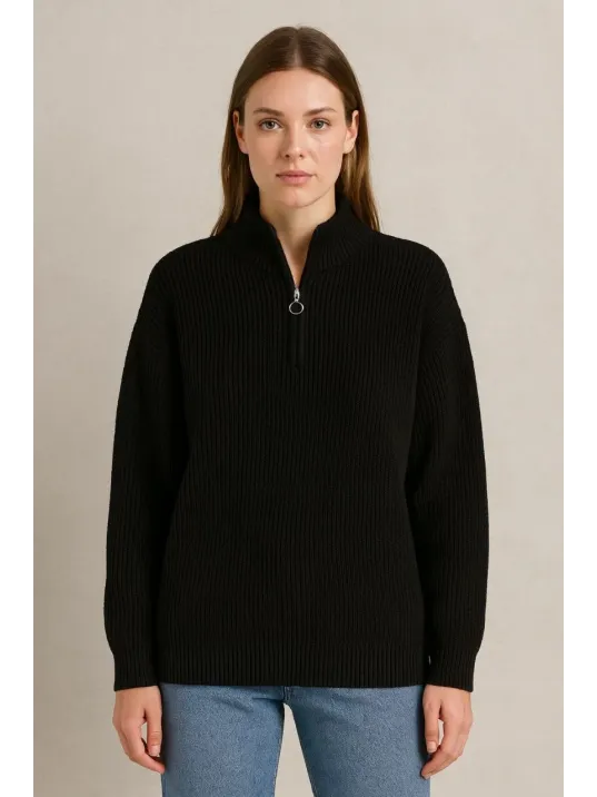 Kadın Yarım Fermuarlı Triko Kazak – Selanik Örgü, Dik Yaka, Pamuklu Dokuma, Oversize Uzun Kollu Kışlık Model - Siyah Kadın Yarım Fermuarlı Triko Kazak – Selanik Örgü, Dik Yaka, Pamuklu Dokuma, Oversize Uzun Kollu Kışlık Model - Siyah