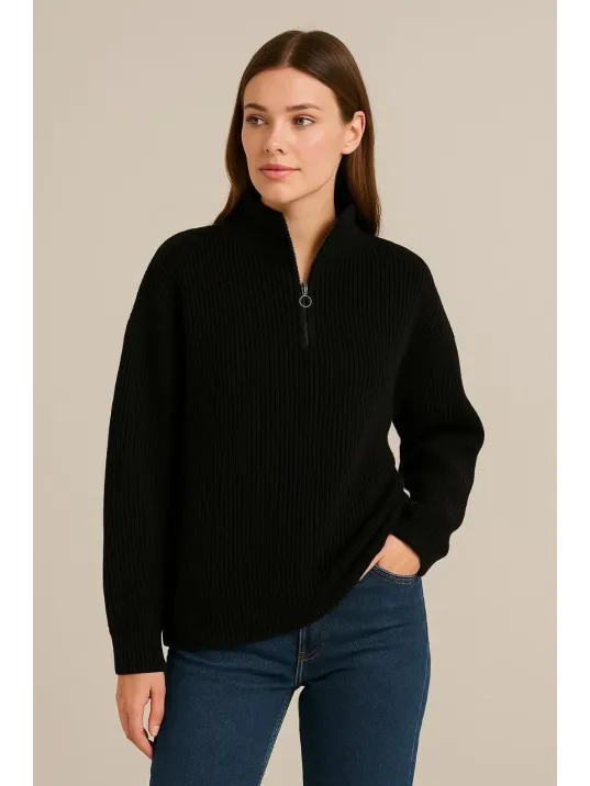 Kadın Yarım Fermuarlı Triko Kazak – Selanik Örgü, Dik Yaka, Pamuklu Dokuma, Oversize Uzun Kollu Kışlık Model - Siyah Kadın Yarım Fermuarlı Triko Kazak – Selanik Örgü, Dik Yaka, Pamuklu Dokuma, Oversize Uzun Kollu Kışlık Model - Siyah