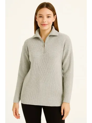 Kadın Yarım Fermuarlı Triko Kazak – Selanik Örgü, Dik Yaka, Pamuklu Dokuma, Regular Fit Uzun Kollu Kışlık Model - Gri