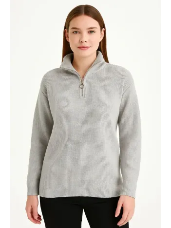 Kadın Yarım Fermuarlı Triko Kazak – Selanik Örgü, Dik Yaka, Pamuklu Dokuma, Regular Fit Uzun Kollu Kışlık Model - Gri Kadın Yarım Fermuarlı Triko Kazak – Selanik Örgü, Dik Yaka, Pamuklu Dokuma, Regular Fit Uzun Kollu Kışlık Model - Gri