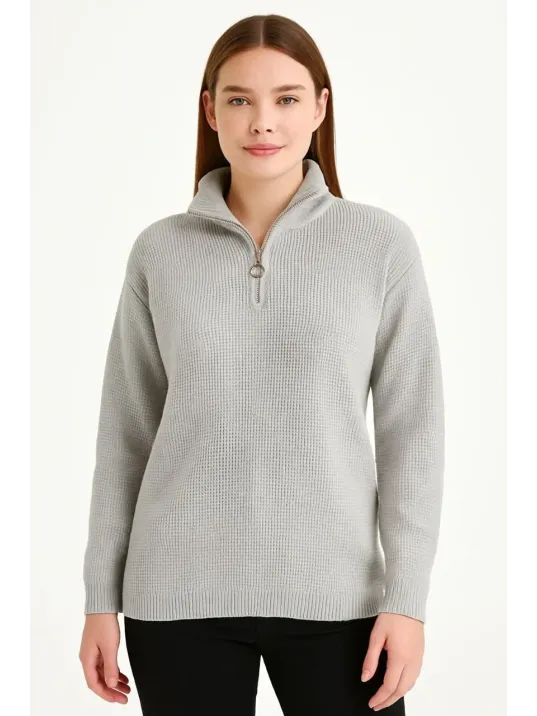 Kadın Yarım Fermuarlı Triko Kazak – Selanik Örgü, Dik Yaka, Pamuklu Dokuma, Regular Fit Uzun Kollu Kışlık Model - Gri