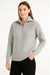 Kadın Yarım Fermuarlı Triko Kazak – Selanik Örgü, Dik Yaka, Pamuklu Dokuma, Regular Fit Uzun Kollu Kışlık Model - Gri
