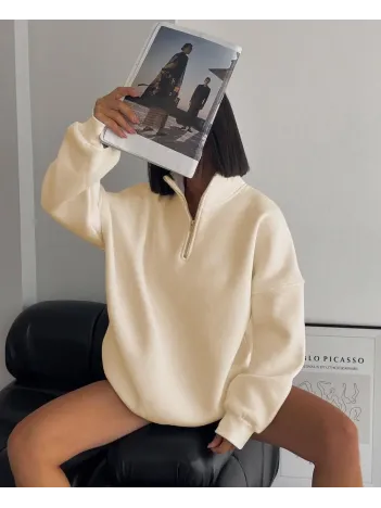 Kadın Yarım Fermuarlı Üç İplik Sweatshirt - Bej