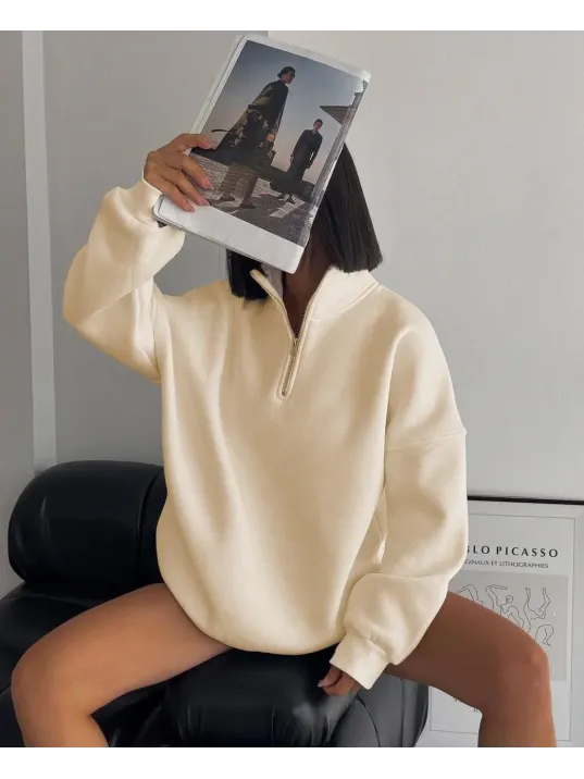 Kadın Yarım Fermuarlı Üç İplik Sweatshirt - Bej Kadın Yarım Fermuarlı Üç İplik Sweatshirt - Bej