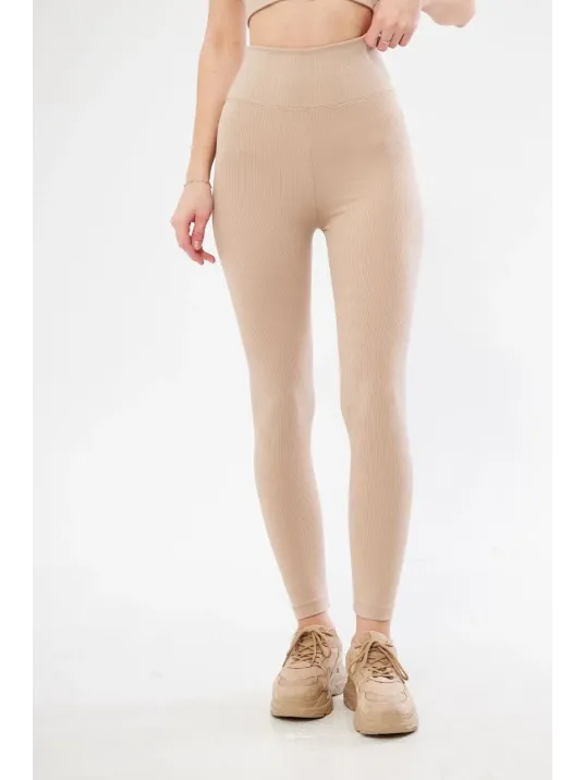 Kadın Yüksek Bel Fitilli Tayt - Bej Kadın Yüksek Bel Fitilli Tayt - Bej