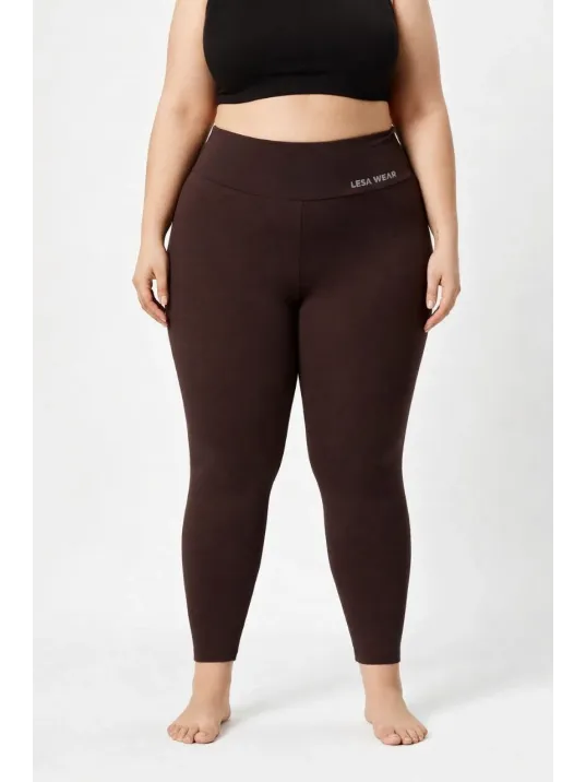 Kadın Yüksek Bel Toparlayıcı Likralı Dalgıç Spor Tayt Esnek Battal Büyük Beden - Kahverengi