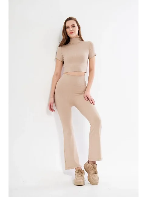 Kadın Yüksel Bel Fitilli İspanyol Paça Tayt - Bordo