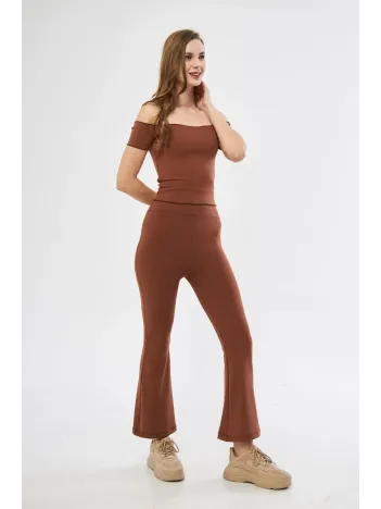 Kadın Yüksel Bel Fitilli İspanyol Paça Tayt - Kahve