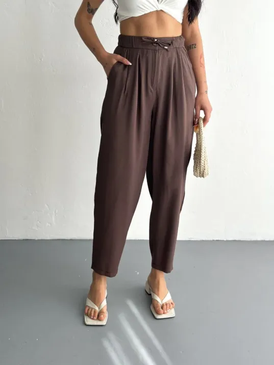 Kadın Yüksel Bel Rahat Boru Paça Pantalon - Kahverengi