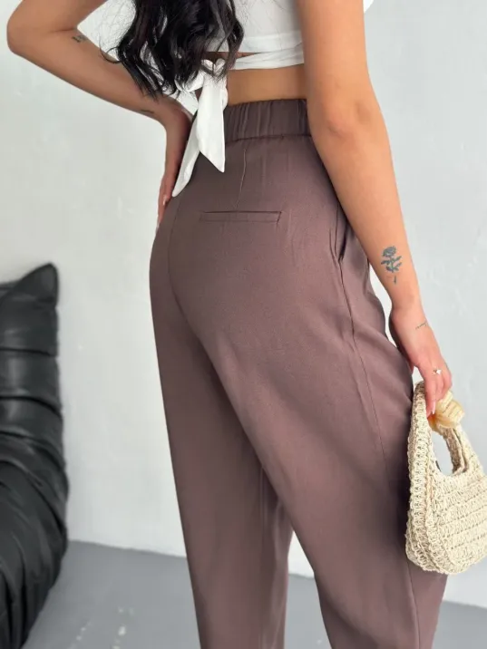 Kadın Yüksel Bel Rahat Boru Paça Pantalon - Kahverengi
