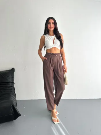 Kadın Yüksel Bel Rahat Boru Paça Pantalon - Kahverengi