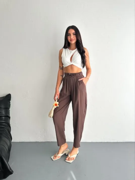Kadın Yüksel Bel Rahat Boru Paça Pantalon - Kahverengi
