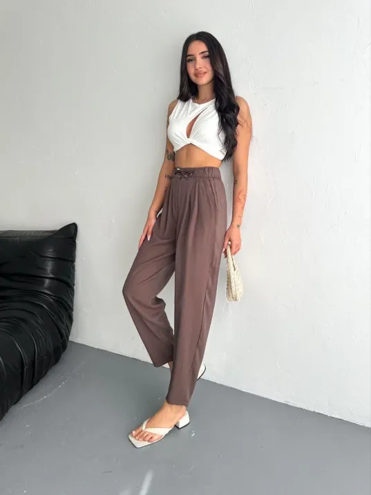 Kadın Yüksel Bel Rahat Boru Paça Pantalon - Kahverengi
