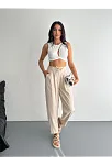 Kadın Yüksel Bel Beli Bağcıklı Rahat Boru Paça Pantalon - Kırık Beyaz