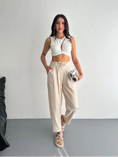 Kadın Yüksel Bel Beli Bağcıklı Rahat Boru Paça Pantalon - Kırık Beyaz