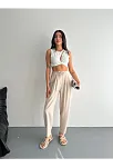 Kadın Yüksel Bel Beli Bağcıklı Rahat Boru Paça Pantalon - Kırık Beyaz