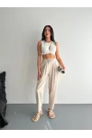 Kadın Yüksel Bel Beli Bağcıklı Rahat Boru Paça Pantalon - Kırık Beyaz
