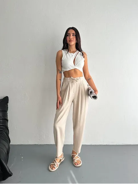 Kadın Yüksel Bel Beli Bağcıklı Rahat Boru Paça Pantalon - Kırık Beyaz