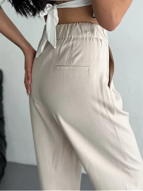 Kadın Yüksel Bel Beli Bağcıklı Rahat Boru Paça Pantalon - Kırık Beyaz