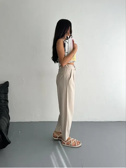 Kadın Yüksel Bel Beli Bağcıklı Rahat Boru Paça Pantalon - Kırık Beyaz