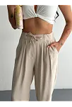 Kadın Yüksel Bel Beli Bağcıklı Rahat Boru Paça Pantalon - Kırık Beyaz