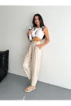 Kadın Yüksel Bel Beli Bağcıklı Rahat Boru Paça Pantalon - Kırık Beyaz