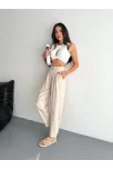 Kadın Yüksel Bel Beli Bağcıklı Rahat Boru Paça Pantalon - Kırık Beyaz