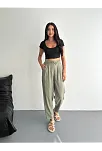 Kadın Yüksel Bel Beli Bağcıklı Cepli Rahat Paça Pantalon - Su Yeşili