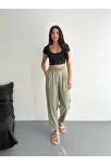 Kadın Yüksel Bel Beli Bağcıklı Cepli Rahat Paça Pantalon - Su Yeşili
