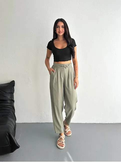 Kadın Yüksel Bel Beli Bağcıklı Cepli Rahat Paça Pantalon - Su Yeşili