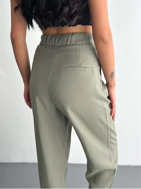 Kadın Yüksel Bel Beli Bağcıklı Cepli Rahat Paça Pantalon - Su Yeşili