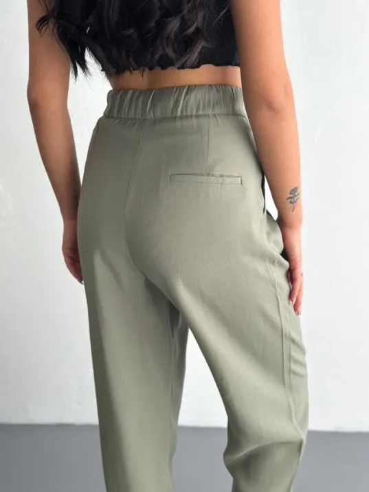 Kadın Yüksel Bel Beli Bağcıklı Cepli Rahat Paça Pantalon - Su Yeşili