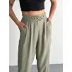 Kadın Yüksel Bel Beli Bağcıklı Cepli Rahat Paça Pantalon - Su Yeşili
